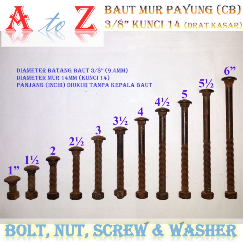 baut mur payung 3/8 x 3" cb/bmcb 3/8 x 3 in/cb baut toko 3/8 x 7,7 cm