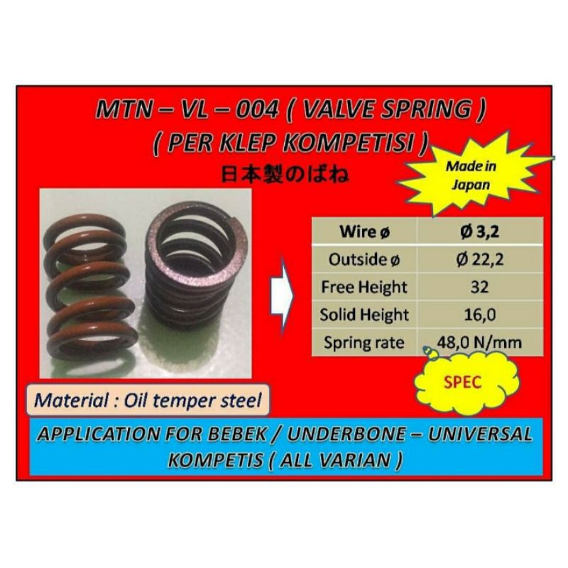 Per Klep Jepang Original 32mm Merk MTN Spring Japan bebek matic dan sport VL001 & VL004