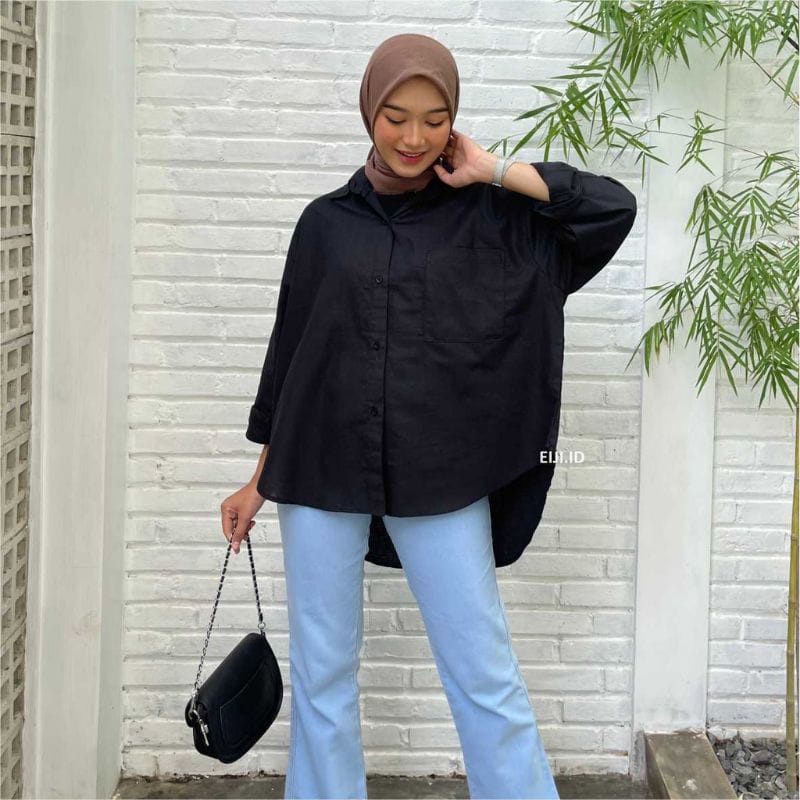 BAJU KEMEJA WANITA OVERSIZE CASUAL HITAM PUTIH WANITA LENGAN PANJANG