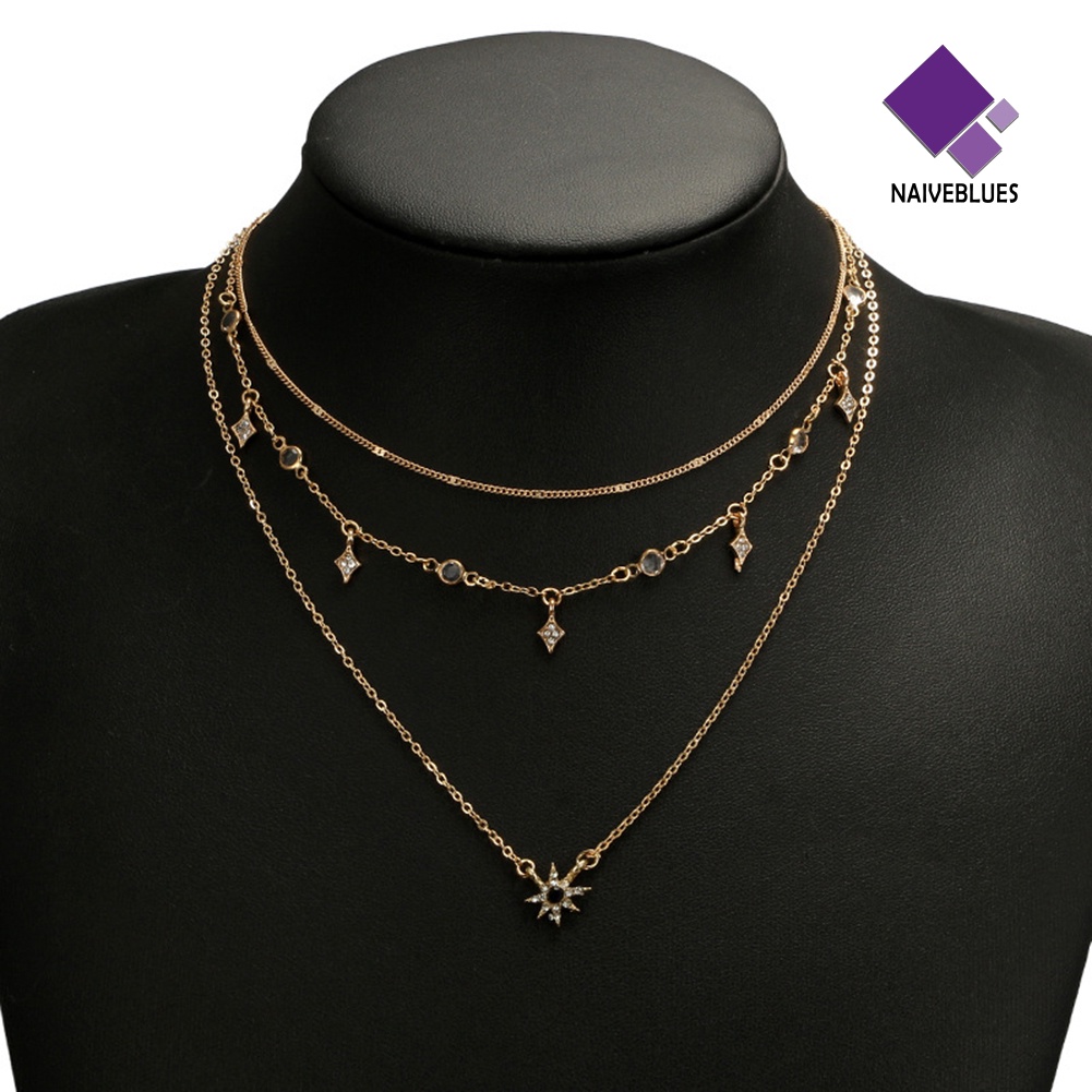 Kalung Rantai Multi Layer Dengan Liontin Berlian Imitasi Untuk Wanita