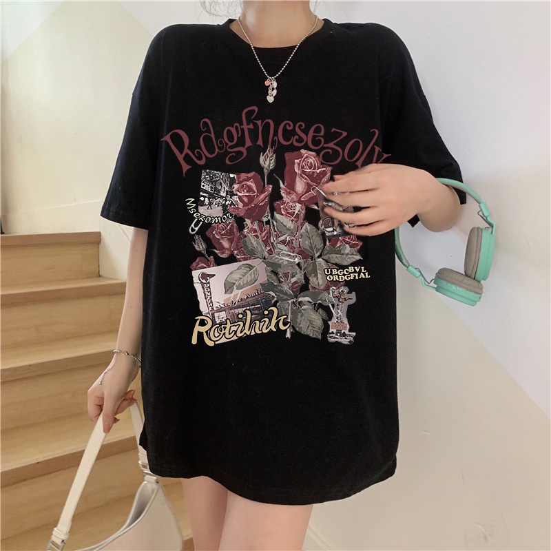 korean style Retro Printed T-shirt/Kaos Wanita Oversize SPACE Katun Baju Atasan Tumblr Tee Fashion T Shirt Cewek Perempuan Lengan Pendek