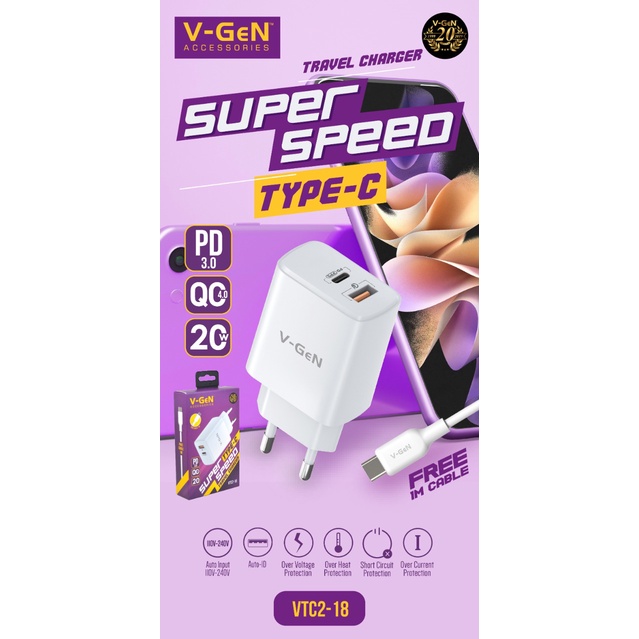 KHANZAACC VGEN VTC2-18 Travel Charger Dual Port Super Speed PD3.0 QC4.0 Include Cable Type-C