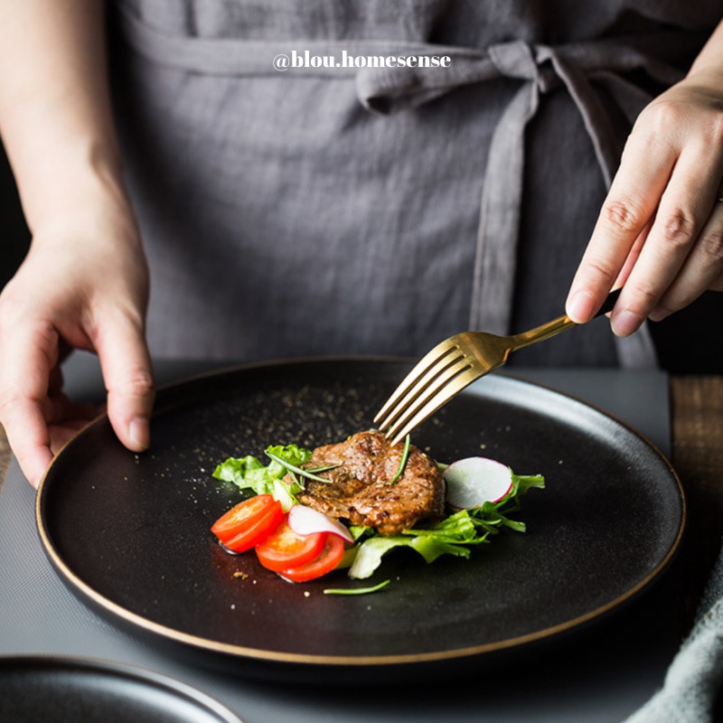 Piring Keramik Hitam Putih List Gold Mewah Piring Steak Hotel Aesthetic