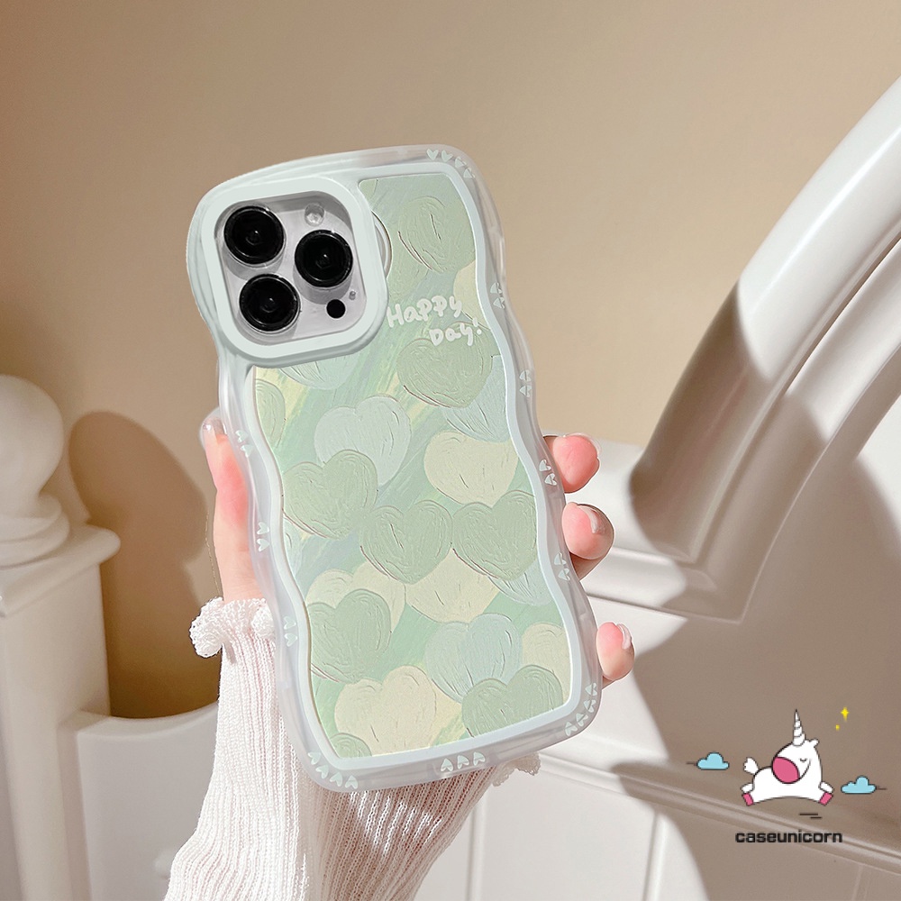 Oppo A17 A54 A57 A78 A17K A15 A95 A77 A77s A55 A16K A16E A92 A96 A76 A16 A1K A5 A9 A31 A53 A33 A12 A5s A7 A16s A3s A74 A76 Reno 8T 6 5 7z Hijau Love Hati Bergelombang Soft Case Tepi