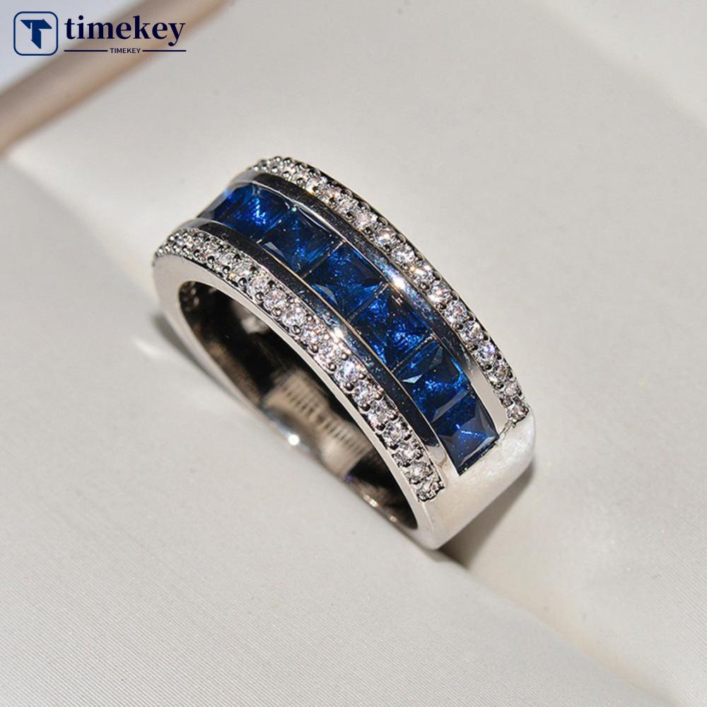 Timekey Cincin Tunangan Sterling Silver 925 Hias Berlian Sapphire Biru Untuk Pria / Wanita A1K2