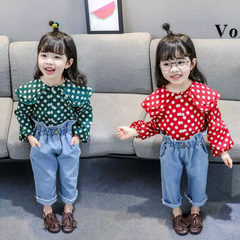 GB-32 POLKADOT GIRLS BAJU SETELAN ANAK PEREMPUAN ATASAN KEMEJA DAN CELANA JEANS HIAS KANCING IMPORT