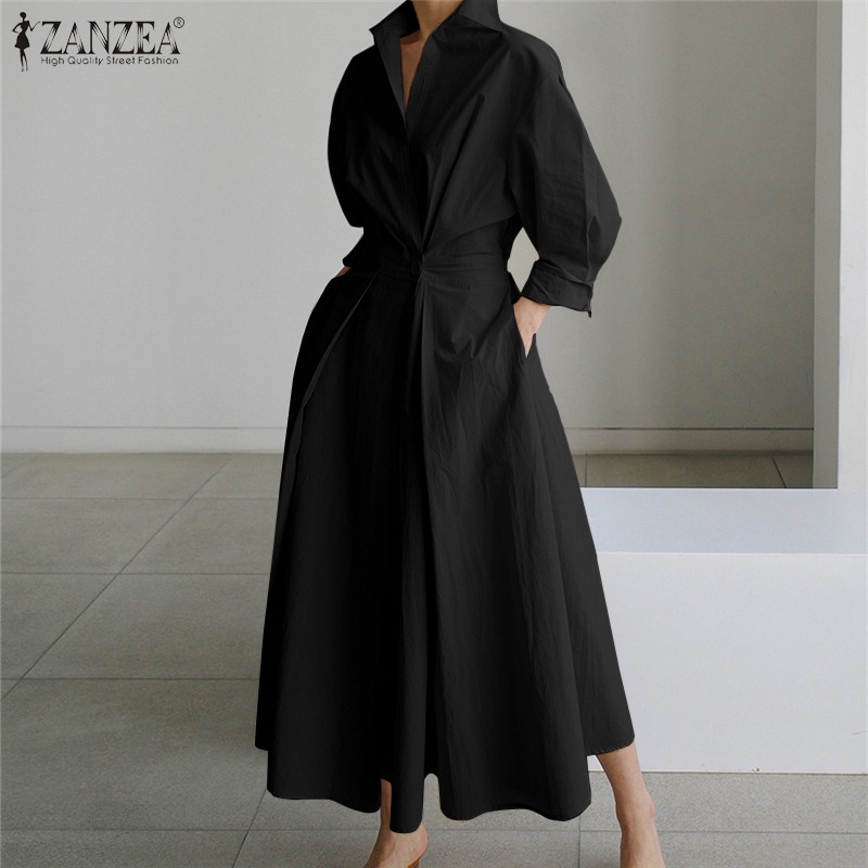 ZANZEA Women Long Sleeve Turn-Down-Collar Solid Color High Waist Casual Maxi Dress