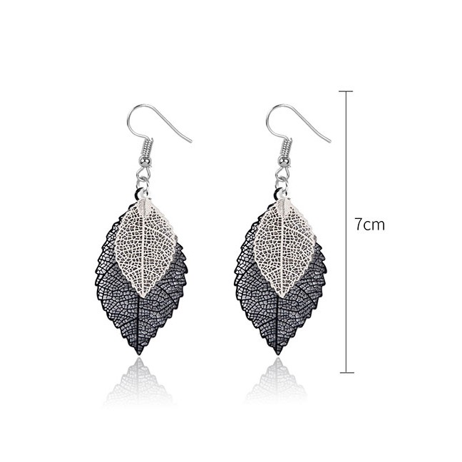 LRC Anting Gantung Fashion Double-layer Hollow Leaf Alloy Earrings D96529