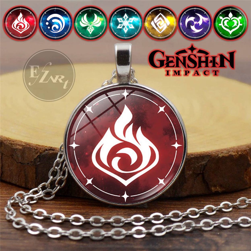 KALUNG ANIME 7 ELEMEN GENSHIN IMPACT KACA BULAT TALI RANTAI ATAU KULIT WATER THUNDER ICE ROCK GRASS WIND FIRE