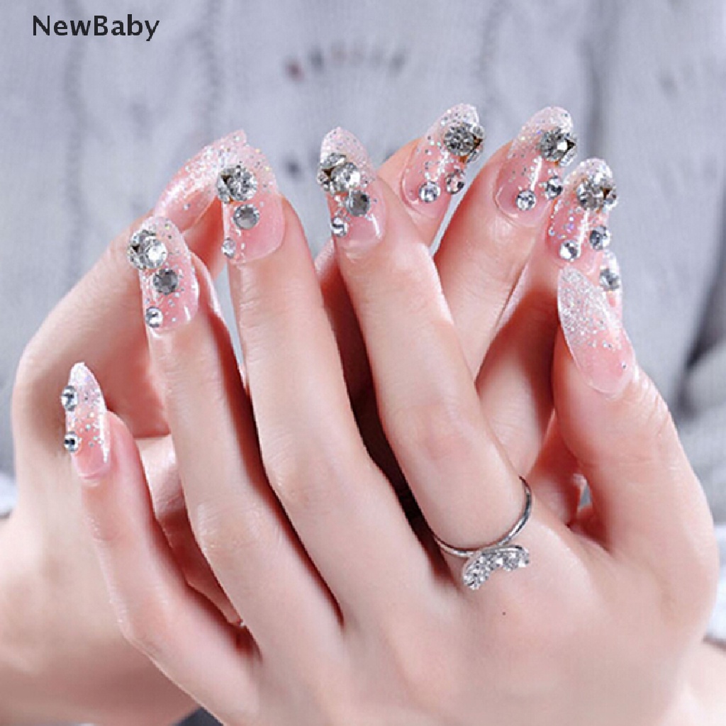 Newbaby 24Pcs / Set Kuku Palsu 3D Aksen Berlian Imitasi pink Transparan Untuk Nail Art / Manicure