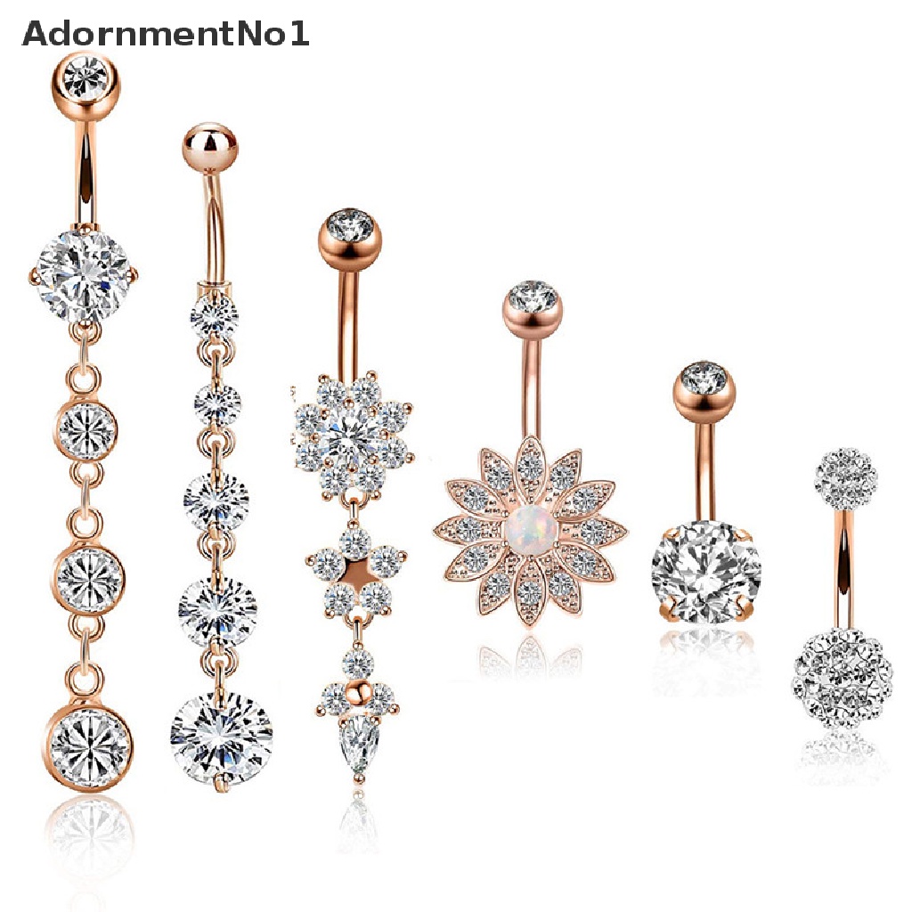 (AdornmentNo1) 6pcs / Set Cincin Tindik Pusar 14G Bahan Stainless Steel Hias Kristal Untuk Wanita