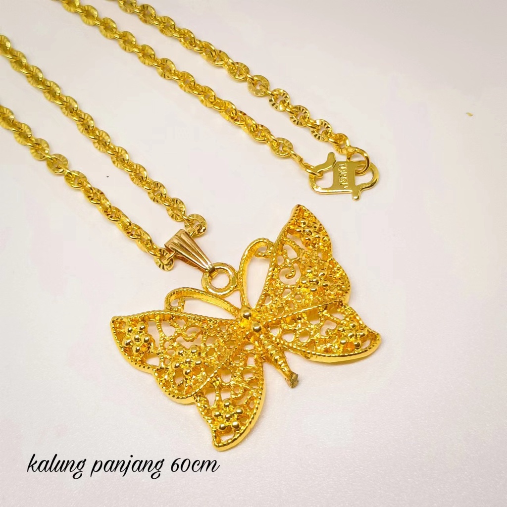 satu set ear studs+gelang+kalung liontin+cincin kendari gold 24K hadiah perhiasan kupu-kupu