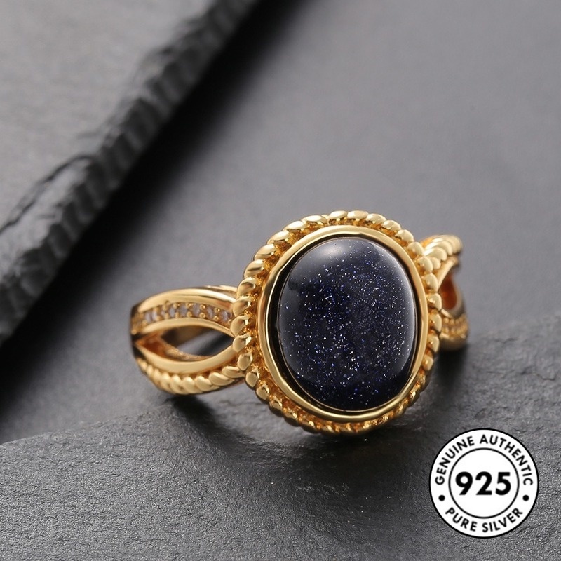 Cincin Lapis Emas Sterling Silver 925 Dengan Batu Starlight Biru Untuk Wanita