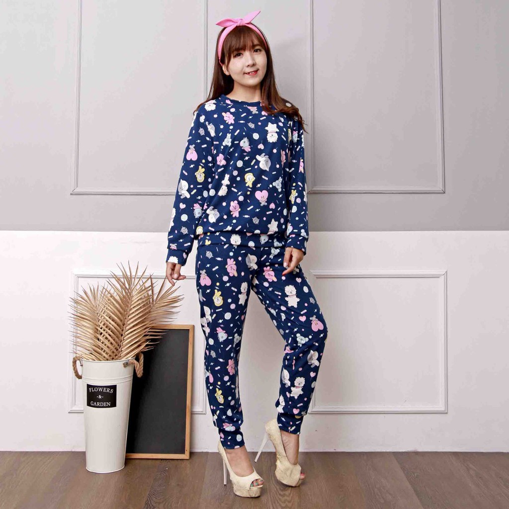 SETELAN WANITA MOTIP BT21 BTS /SETCEL IMPOR KUALITAS PREMIUM REAL PICT 4 WARNA