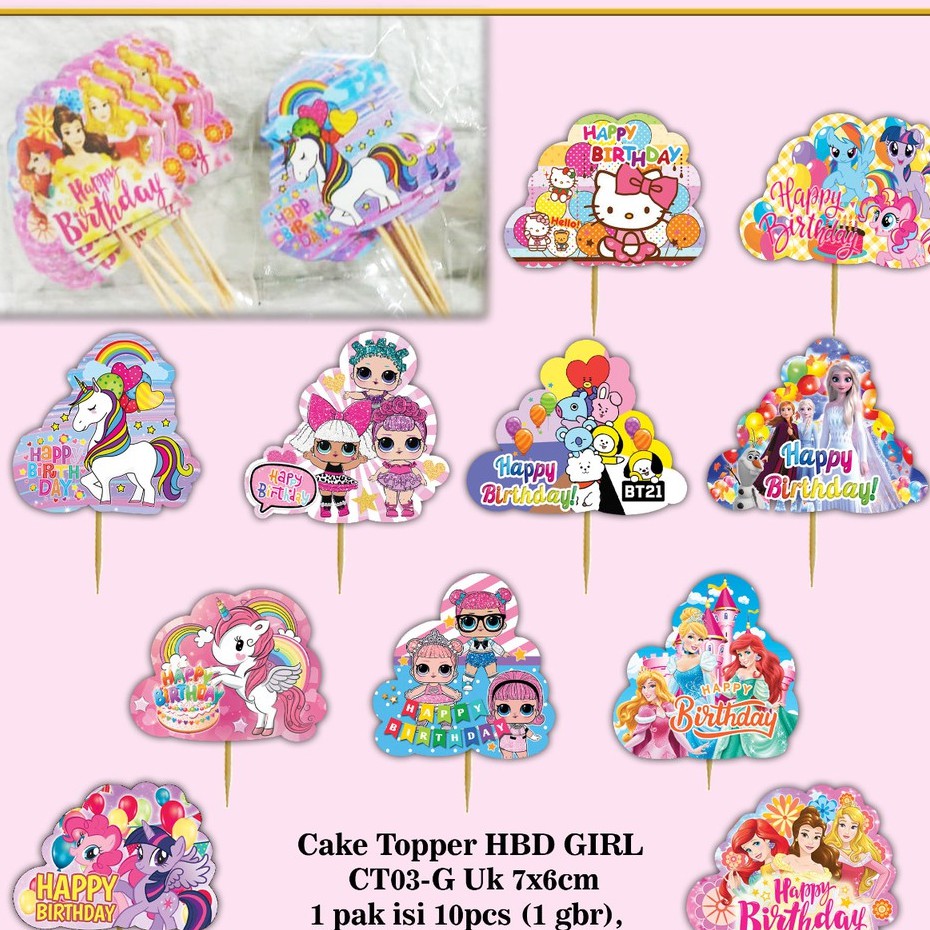 10Pcs Cake Topper HBD Karakter CT03 Girl, Cake Topper Karakter, Tusukan Kue Tart Karakter, Hiasan Ku