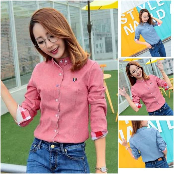 A315631 BAJU KEMEJA CASUAL TRENDY GAUL ANAK MUDA REMAJA CEWEK KOREA BERSHKA MERAH BIRU SHIRT KECE