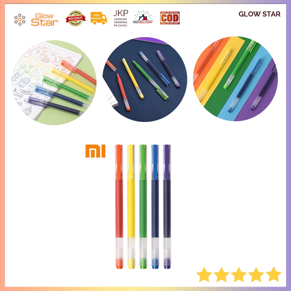 5 PCS Xiaomi Mi Jumbo Gel Ink Pen Pena Cair Pulpen 0.5mm 5 Warna - Multi-Color Pulpen Bolpen Alat Tulis Tinta Merah Kuning Hijau Biru Ungu Original