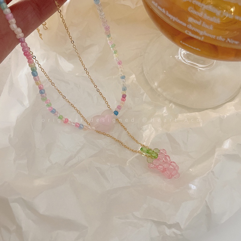 Kalung Rantai Multi Layer Liontin Manikmanik Anggur Unguhati Ganda Gaya Simple Untuk Wanita