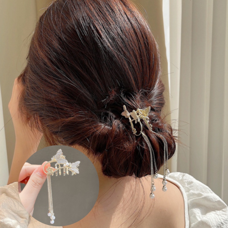 Jepit Rambut Model Rumbai Butterfly Aksen Berlian Imitasi Untuk Wanita