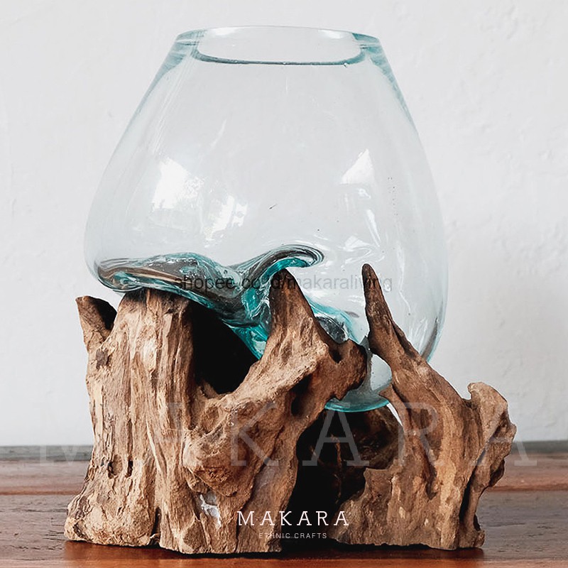 Glass on Wood Vase Size M Pot  Kaktus  Vas Kaca  