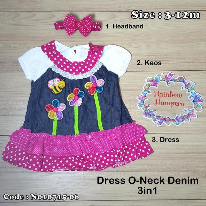 3in1 Baju Anak & Bayi O Neck Denim Rok Levis Katun Bandana Kaos Dress Putih Lengan pendek