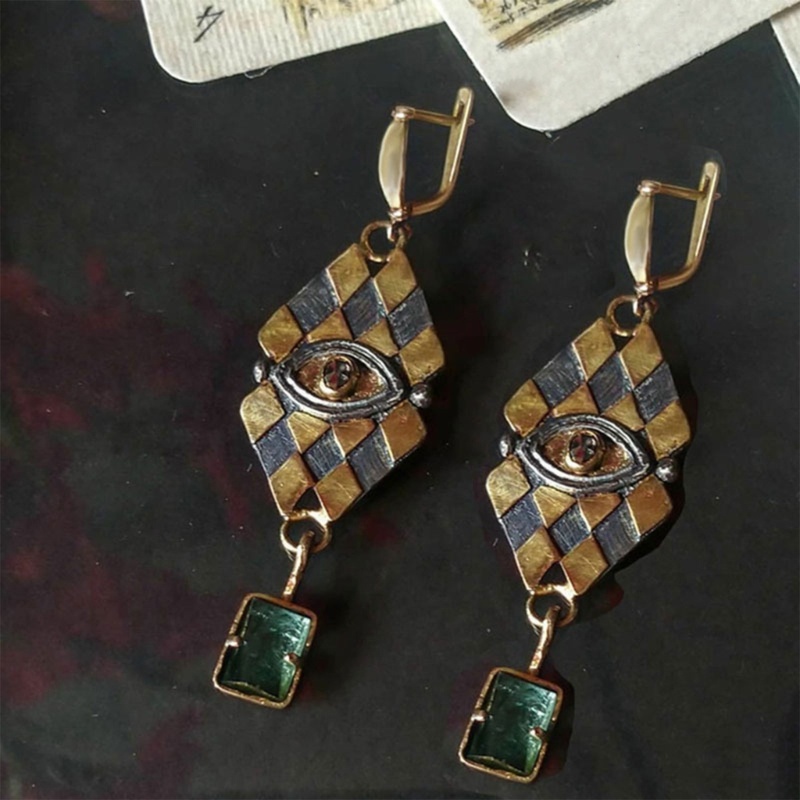 Anting Menjuntai Bahan Logam Bentuk Belah Ketupat Geometris Gaya Vintage Untuk Hadiah