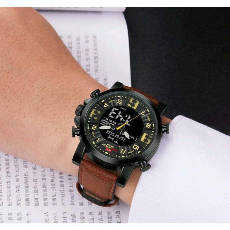 0KAT-WACH KT1845 Jam Tangan Pria Digital Analog Tali Kulit Luminous CURRENOS