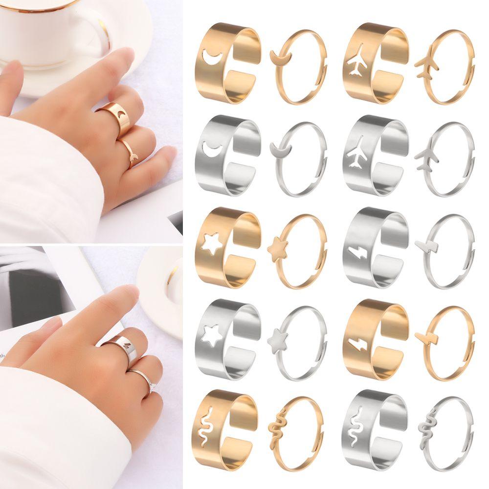 Lily 2pcs Cincin Senada Perhiasan Fashion Cincin Yang Dapat Disesuaikan Cincin Pasangan Pernyataan Terbuka Romantis