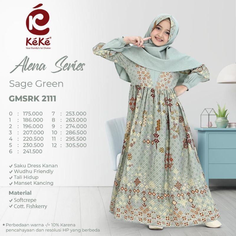 GAMIS ANAK & KOKO ANAK ALENA BY KEKE WARNA SAGE GREEN