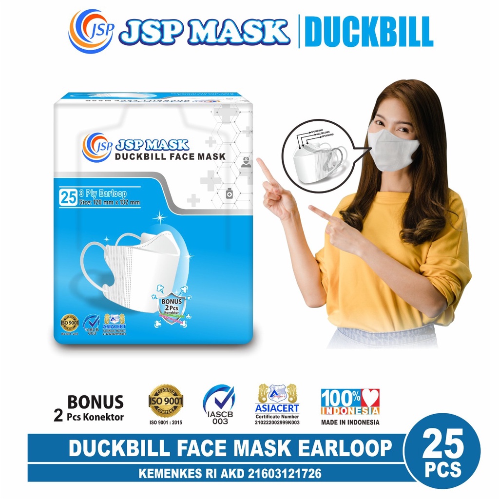 (BISA COD) ISI 25 PC Masker Medis Duckbill sudah kemenkes / Masker Duckbill  JSP Isi 25 FREE 2 Konektor SM10 / JSP MASK