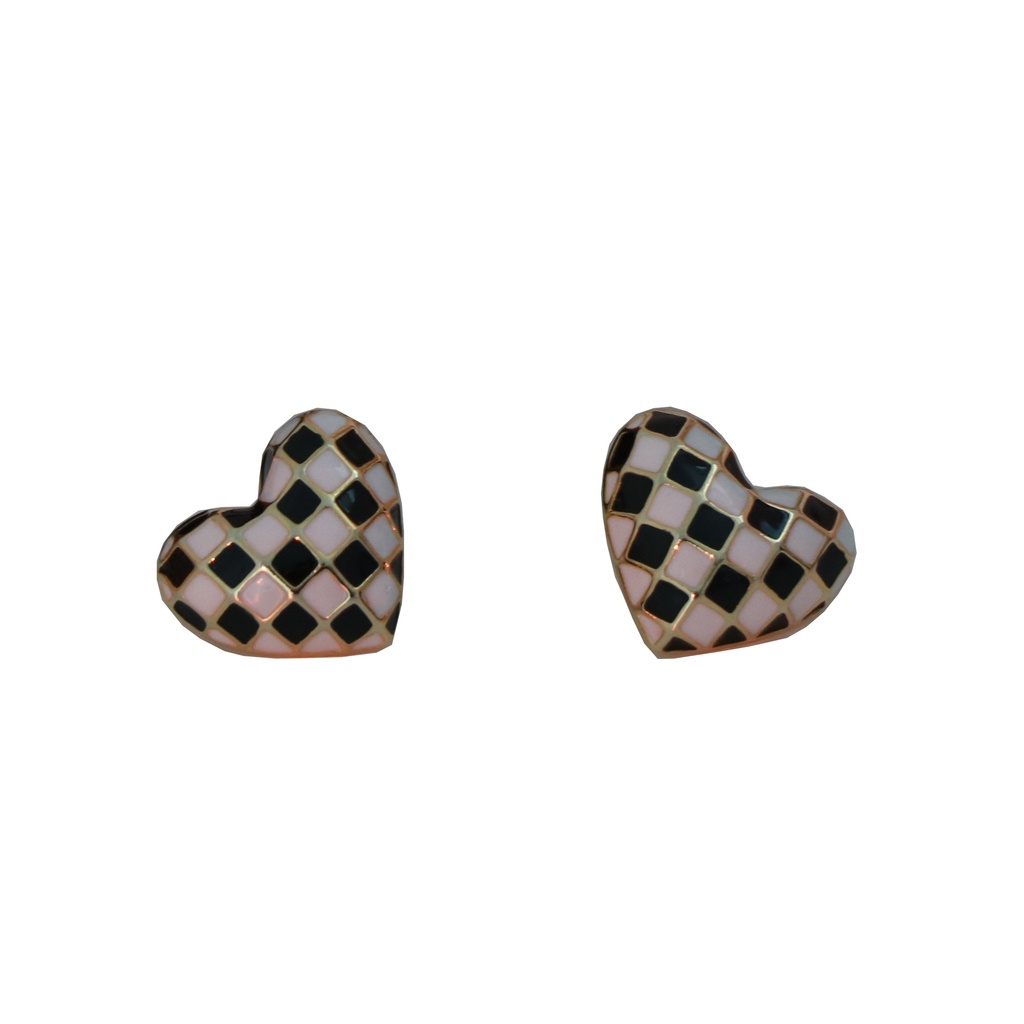 Anting stud Jarum Perak S925 Bentuk Hati Motif Papan Catur Serbaguna Gaya retro