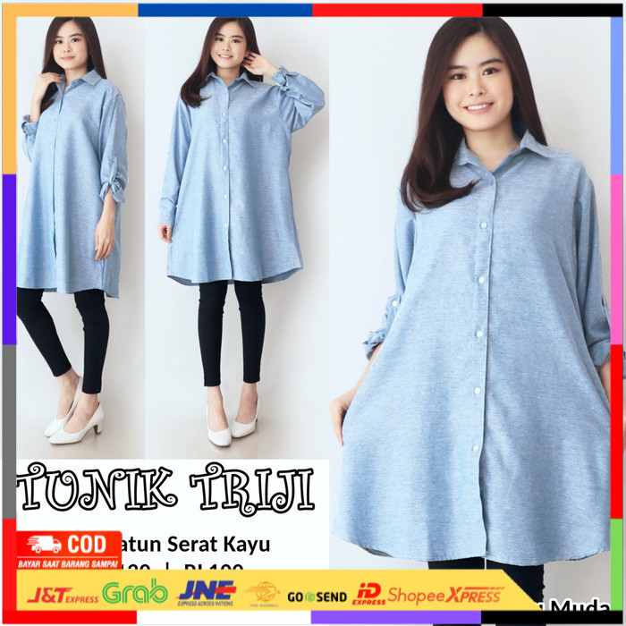 ✨ BISA COD ✨ kemeja tunik wanita jumbo lengan panjang - Biru Muda