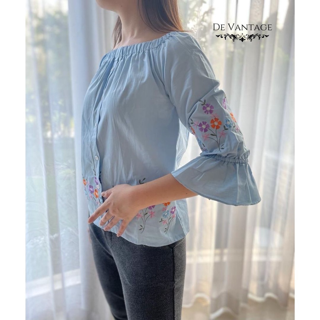 Blouse Katun Sabrina / Blouse Bunga Lengan Flare / Off Shoulder Floral Blouse