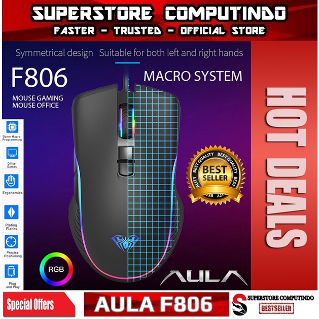 Mouse Gaming AULA F806–2400DPI-RGB Backlight-Macro-7 Buttons