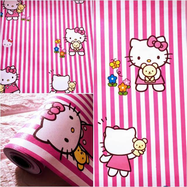 Wallpaper Dinding Stiker Karakter Kitty Line Putih Pink ukuran 45 cm x 10 m