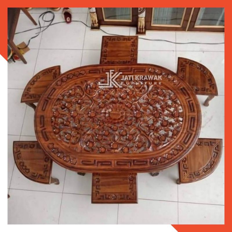 Set Meja Oshin Oval + Kursi 6 | Meja Kopi Lesehan Makan Oshin K6 ukiran kayu jati