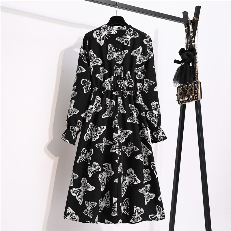 Bebovizi Midi dress korea Lengan Panjang Wanita Motif Bunga Model / Vintage / Casual Bahan Sifon