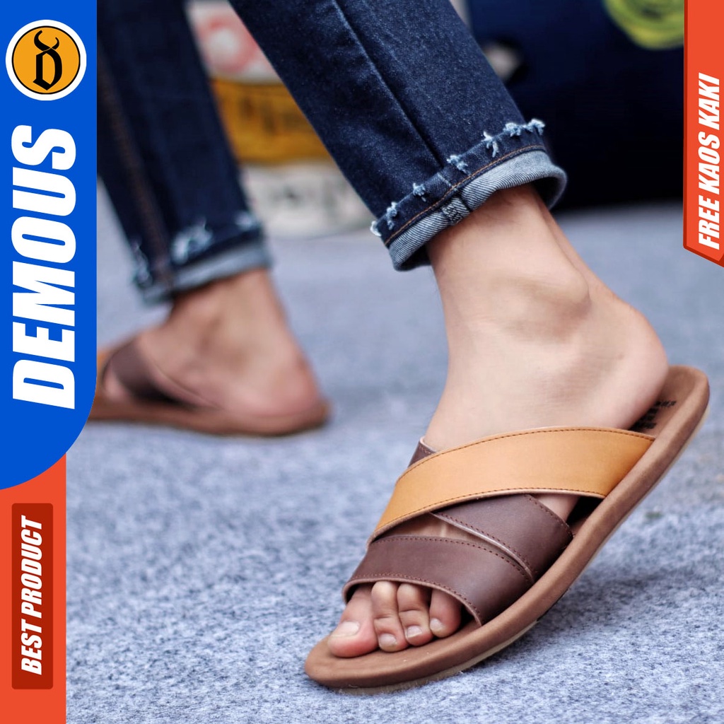 DEMOUS POLETZ Sandal Slop Pria Kulit Asli Sendal Terbaru Kekinian Murah