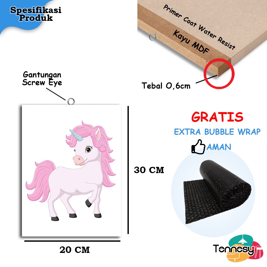 TENNESY HIASAN DINDING WALL DECOR UNICORN KUDA PONI 20x30CM PAJANGAN KAYU POSTER DEKORASI DINDING KAMAR TIDUR RUANG TAMU RUMAH GAMBAR ANAK