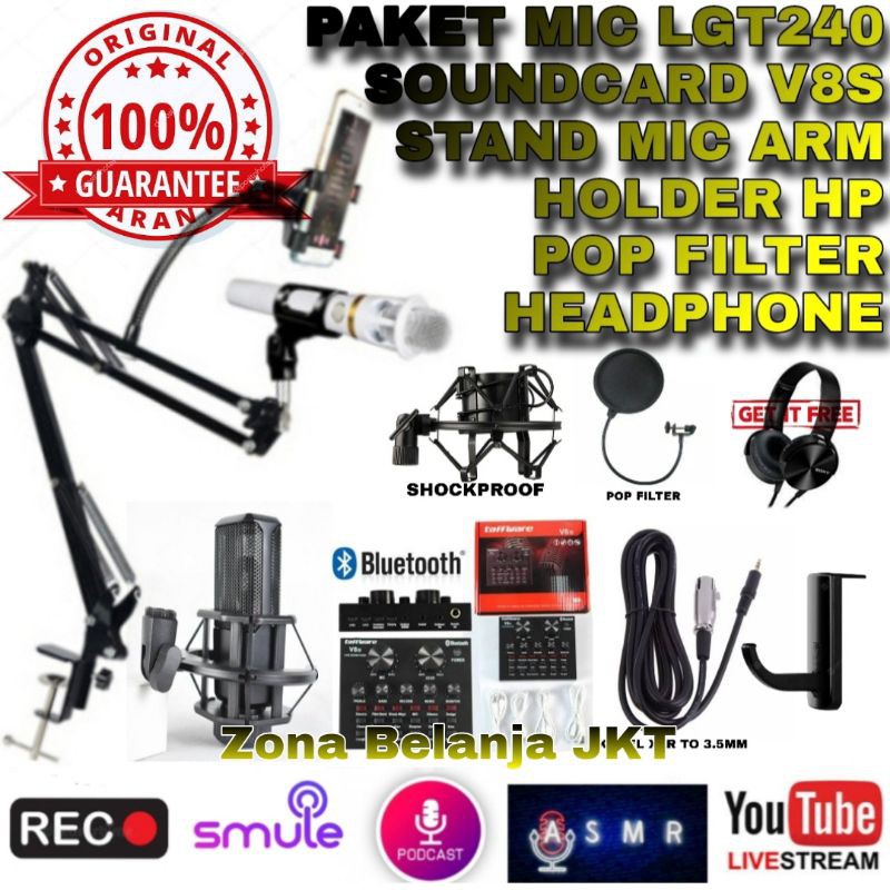 PAKET MIC CONDENSER LGT 240 LGT 240 SOUND CARD V8S BLUETOOTH LIVE RECORDING PODCAST