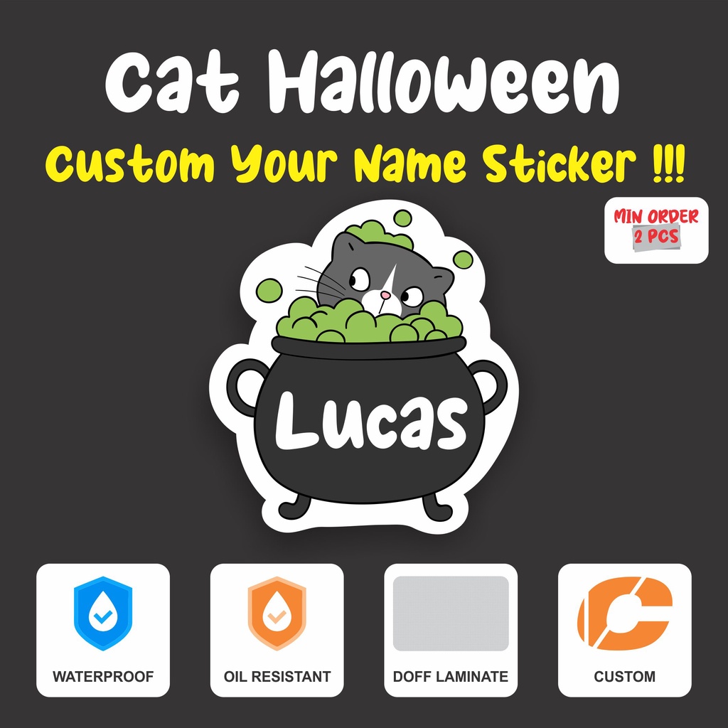 

STICKER NAMA PREMIUM | LABEL NAMA | LAMINATING DOFF | CAT HALLOWEEN