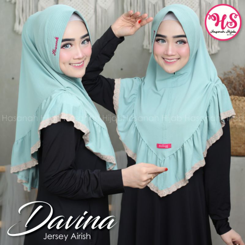 DAVINA ORI Hasanah Hijab Instan Jersey Airis Premium Kerudung Bergo Pad Jilbab Rempel Renda Original
