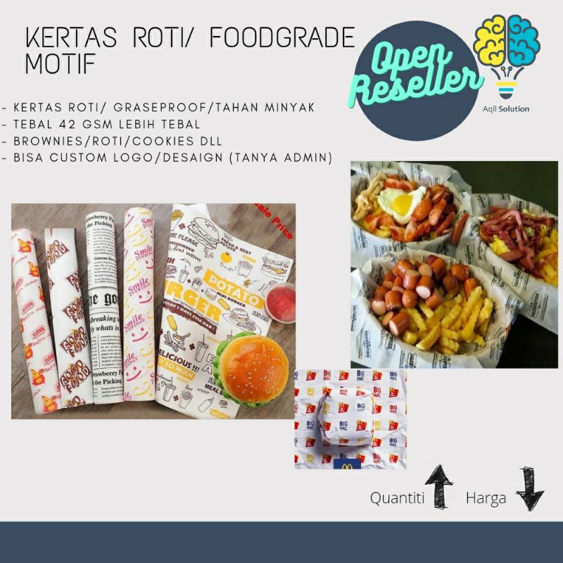 Kertas Roti (Custom Logo) Kertas Graseproof, Bungkus makanan, brownies, crepes kebab,burger,roti dll