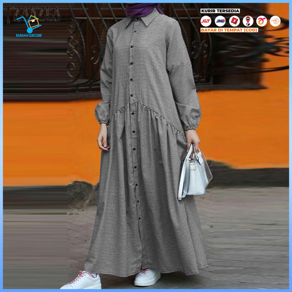 COD ORIGINAL ZANZEA gaun Maxi Muslim wanita, gaun panjang longgar kotak-kotak lengan penuh Abaya