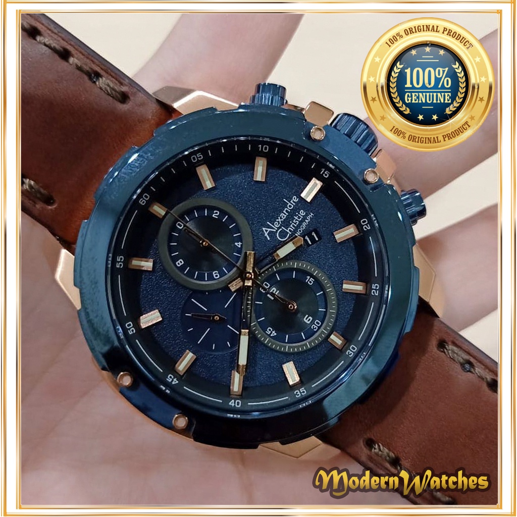 Jam Tangan Pria Terbaru Alexandre Christie Ori AC 6583 Blue Rosegold Brown Biru Tali Kulit Coklat