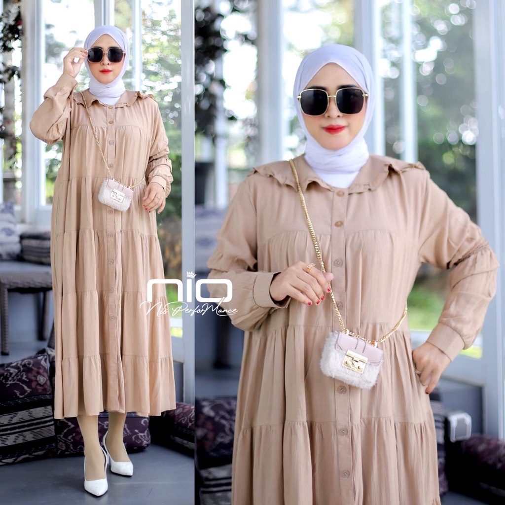 Gamis Muslim Wanita Midi Dress Nionio Polos Twill Rayon Lengan Ballon Kantau