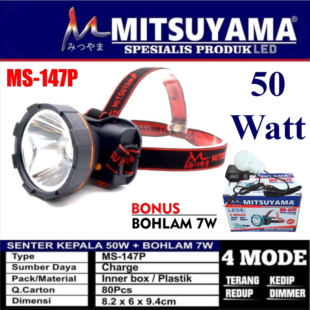 Senter kepala mitsuyama Ms-147k Ms-147P 50watt cahaya kuning dan PUtih Water Resistant murah berkualitas Headlamp Free Bohlam 7WATT (BONUS) GRATIS