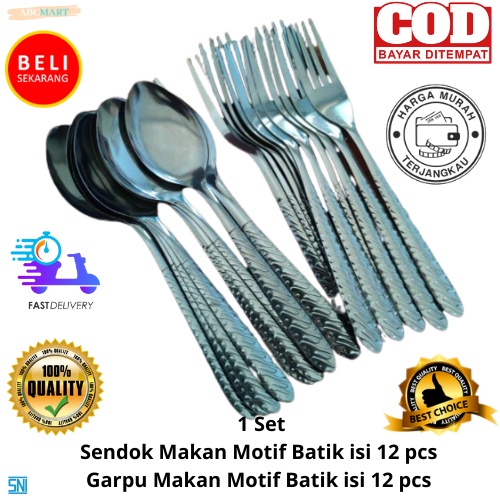 [BISA COD] PROMO Sendok Garpu Makan Batik Polos Isi 24 Pcs Bahan Stainless Tebal Anti Karat Murah Berkualitas