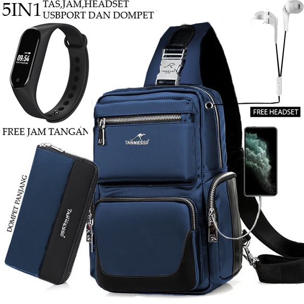 TANMESSO 5IN1 BAYAR DITEMPAT-BONUS JAM LED,DOMPET &amp; USBPORT&amp;HEADSET-tas selempang waterproof