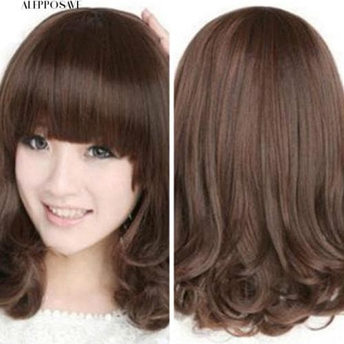 Wig brown panjang poni rambut palsu sedang cosplay tebal